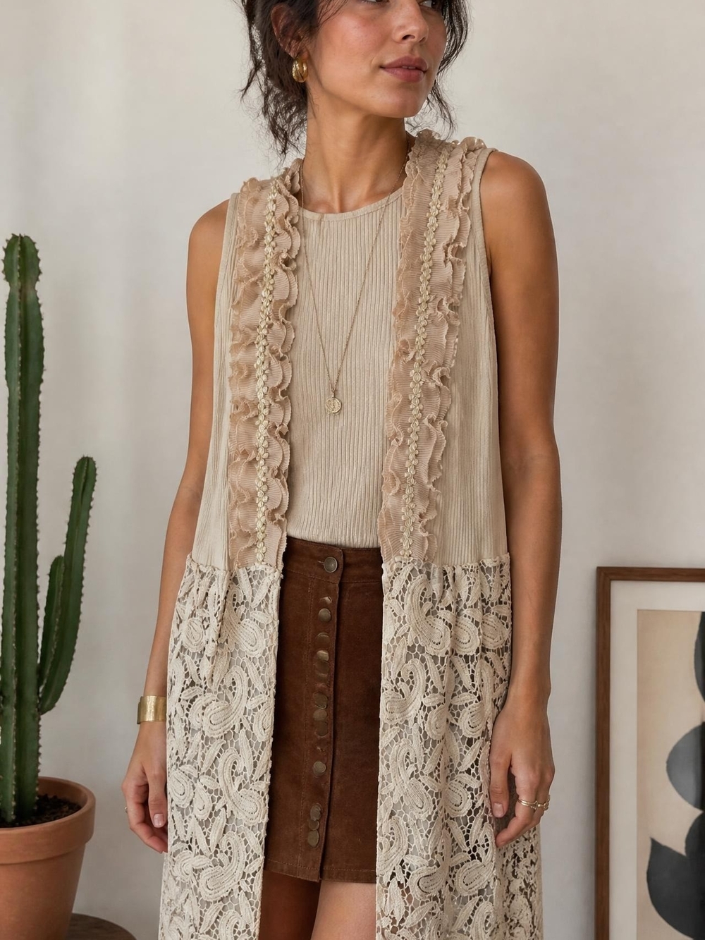 PRETTY ANGEL Beige Ruffle and Lace Accent Long Duster Vest - Picture 1 of 9